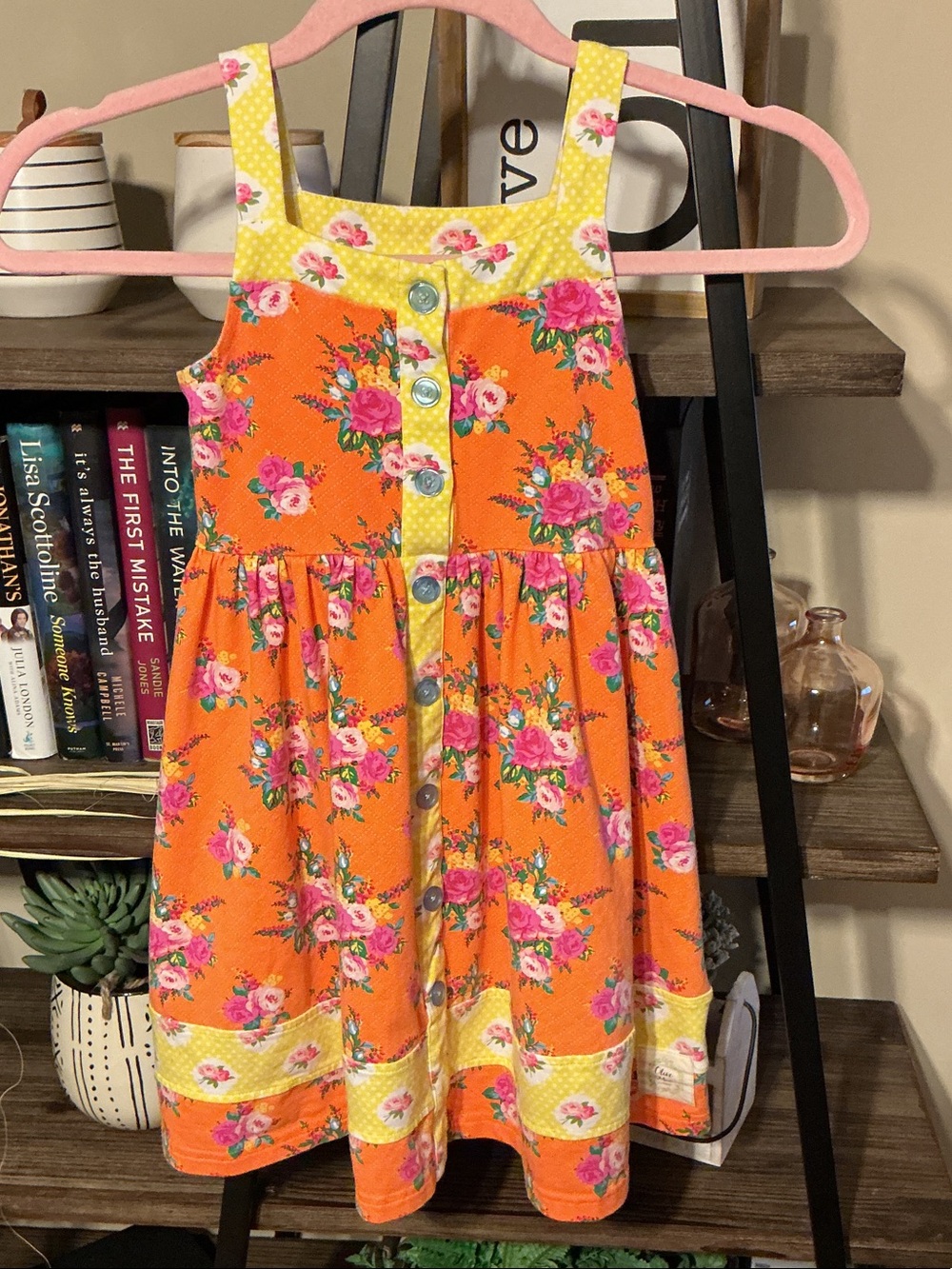 Olive Mae Girls' Orange Floral Sundress with Yellow Trim Size 5